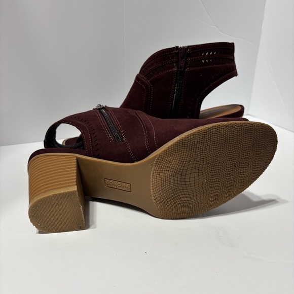Sonoma Thelma Burgundy Faux Suede Open Toe Bootie 3" Heel Shoes Size 9 - Picture 5 of 6